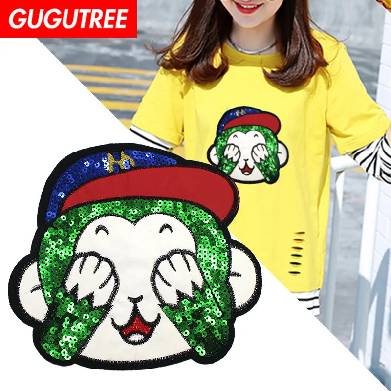 

GUGUTREE embroidery Sequins big monkey patches animal patches badges applique patches for clothing XC-327