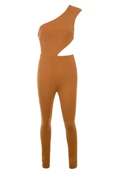 

Fashion Women Jumpsuit Brown Solid Hollow Out One Shoulder Jumpsuit