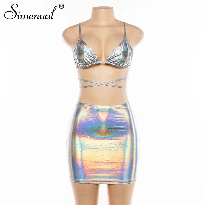 Simenual, серебристый, голографический, сексуальный, хит, комплект из 2 частей, юбка, женский, накрест, бандаж, наряды, Клубная одежда, Party Bralette и мини-юбки, наборы
