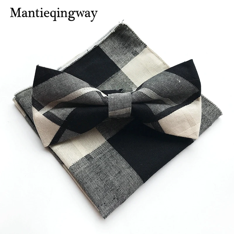 Mantieqingway 2017 плед хлопок 6 см свадебные Боути 25*25 см Pocket Square Set для Для мужчин Бизнес Gravatas Для мужчин костюм с галстуком платок