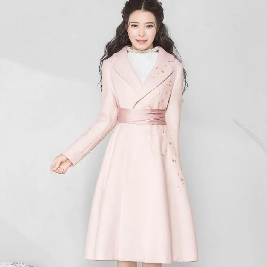Light Manteau Femmes Vintage Hiver Laine À Brodé Mélanges Manches Taille Longues Pink Ceinturés Plus Rose Mince De Manteaux 3xl La zww4Uqrft