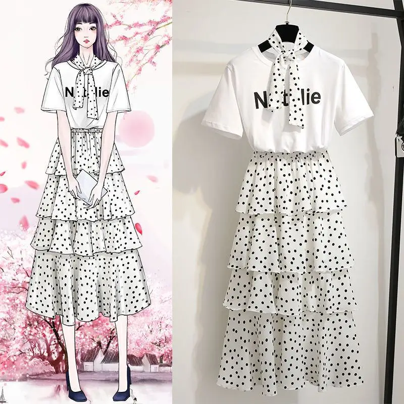 

2019 Women Summer Bow Tie Solid T Shirt + Elastic Waist Cascade Ruffles Skirt Suit Lady Elegant Polka Dot Cake Skirts Sets Z399