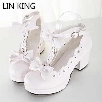 

LIN KING Women Mary Janes Pumps Cute Bowtie Princess Lolita Shoes Ladies High Heel Casual Shoes Square Heel Colsplay Party Shoes