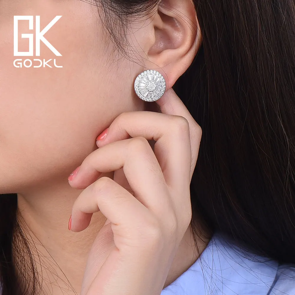 GODKI преувеличенные круглые серьги-гвоздики для женщин Свадебные Кубический Цирконий Кристалл CZ личности серебряные серьги высокого класса ювелирные изделия