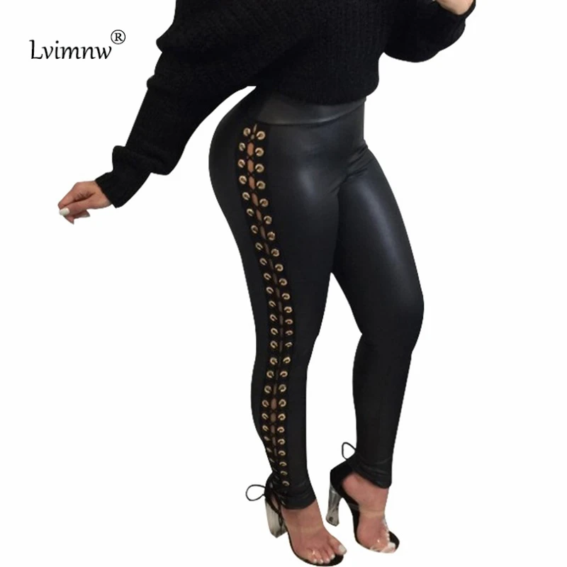 Sexy pu leather slight stretch drawstring shirring pants main image 1