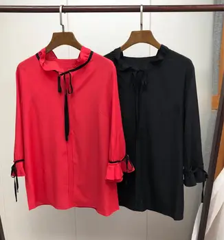 

Red Black Women Blouse Three Quarter Flare Sleeve Tie Bow Ribbon Neck Office Ladies Shirts And Tops Wild Stylish