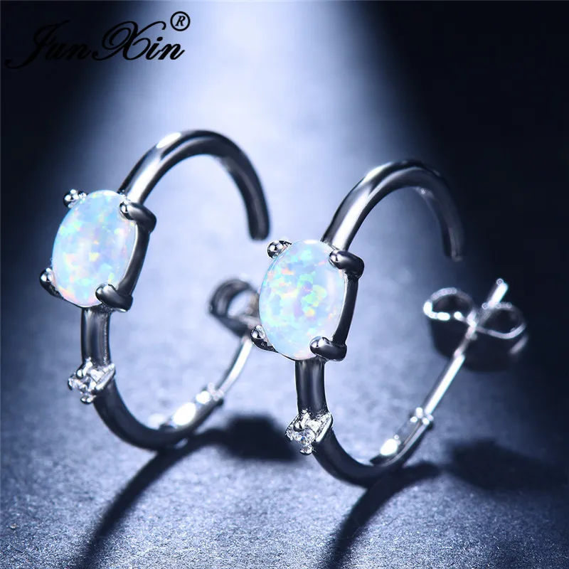 

JUNXIN Oval White Blue Fire Opal Earrings For Women 925 Silver Rose Gold Filled Purple Zircon Big Round Hoop Earrings Wedding CZ