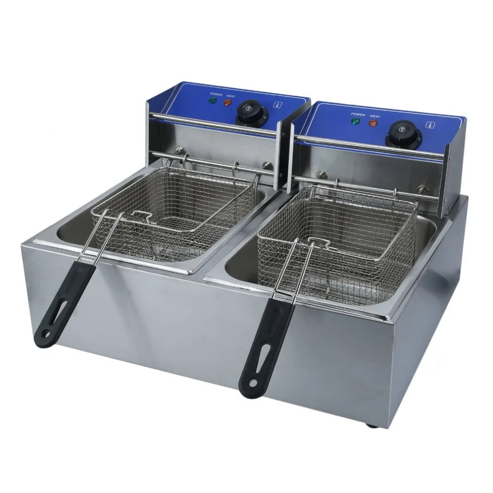

Ship From DE Commercial Professional Home Stainless Steel Electric Deep Fryer Lid Basket 2 Tank Fat Chip