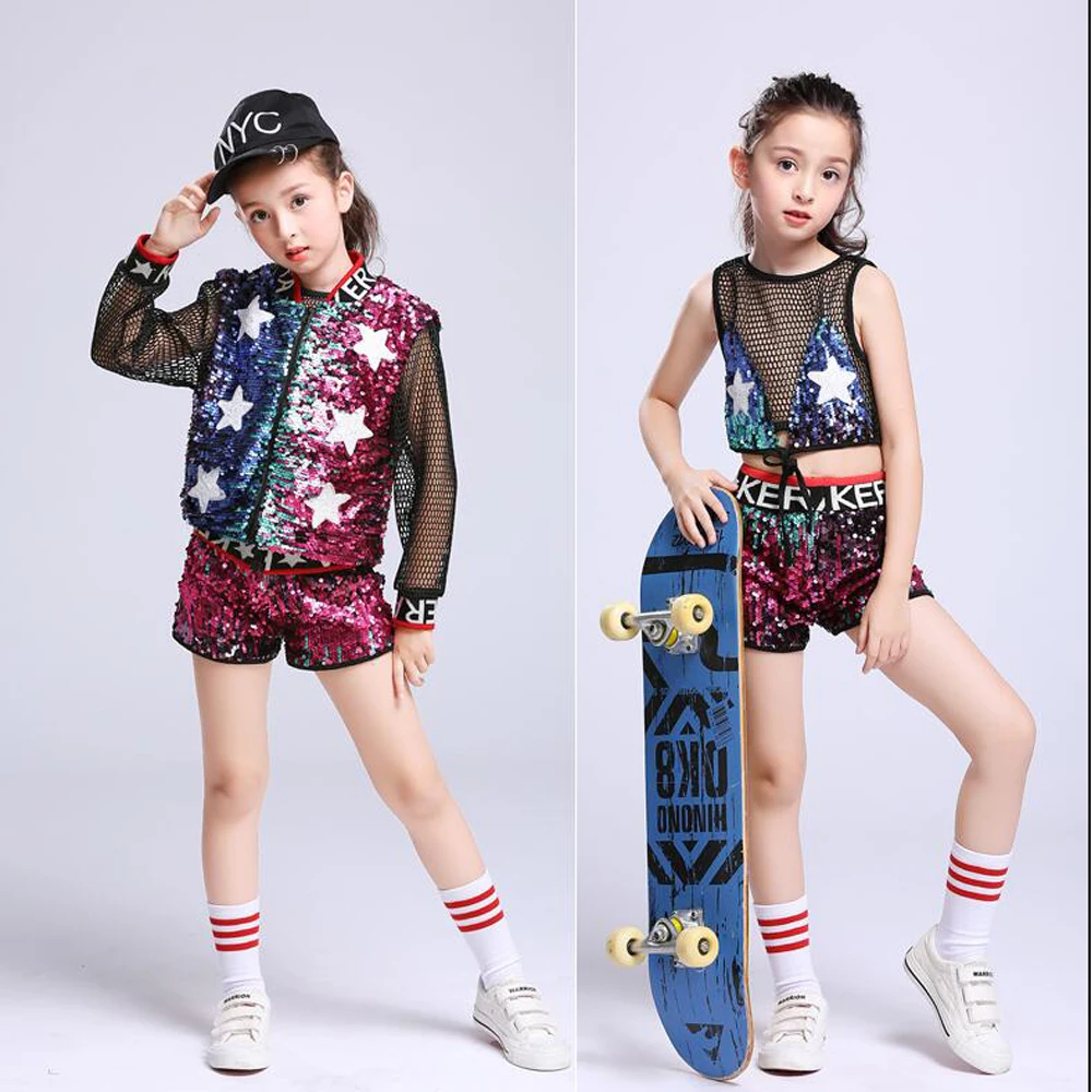 Girls Sparkly Jazz Dance Costumes Girls Sequins Modern Dance Suit Child