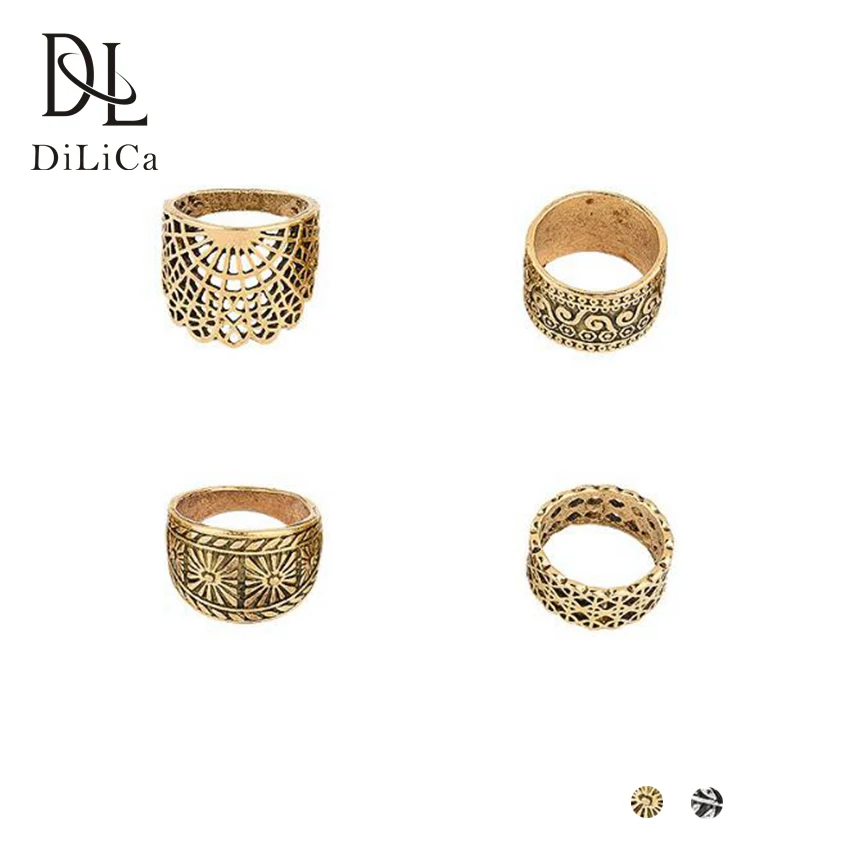 

DiLiCa 4PCS/Set Unisex Vintage Rings Women Men Gold Silver Color Wide Alloy Finger Ring Bohemian Ring Jewelry Accessories