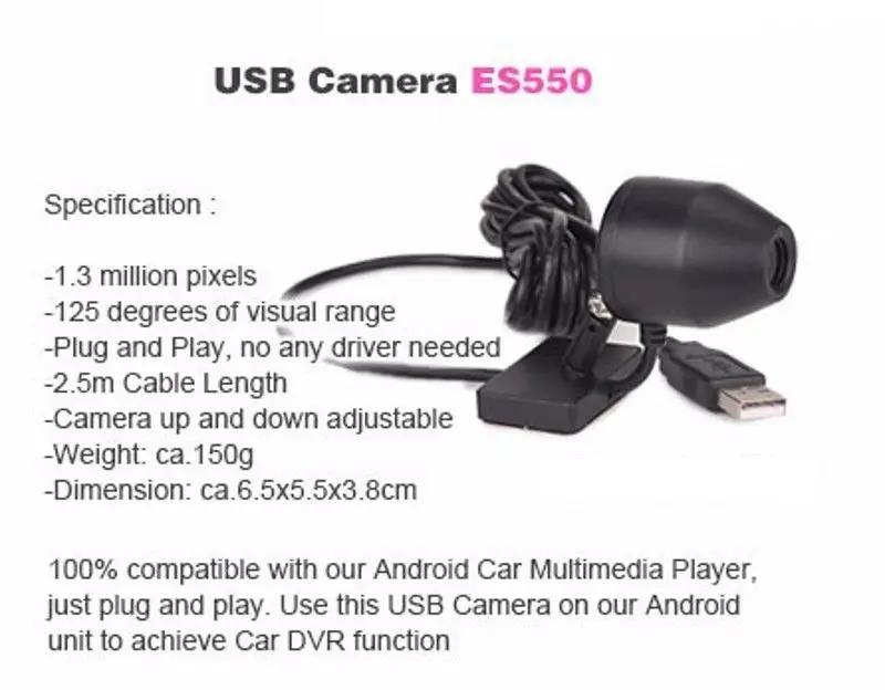 Erisin ES550 DVR камера USB Dash 125 градусов Android автомобильный DVD 720P водонепроницаемый