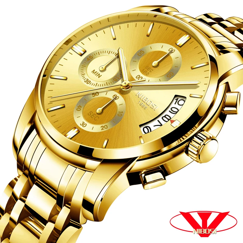 

2018 Luxury gold watch men Top Brand NIBOSI Chronograph quartz watch with calendar, luminous hands, waterproof Relogio Masculino