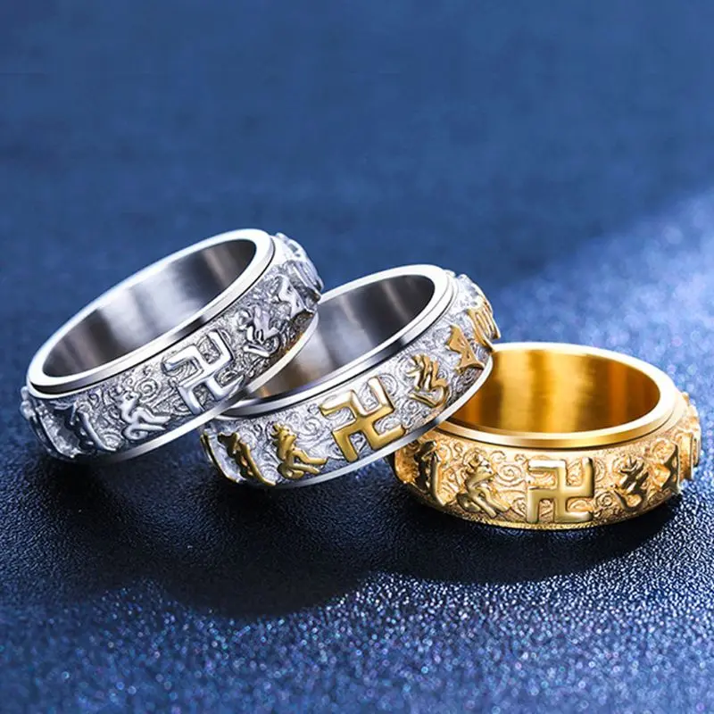 

Tibetan Buddhist Mantra Om Mani Padme Hum 8MM Stainless Steel Spinner Ring Band