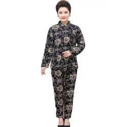 Китайский среднего возраста Для женщин осень стеганые 2 шт. штаны костюм Цветочный Принт мягкий Twinset женские пальто из плотного флиса и