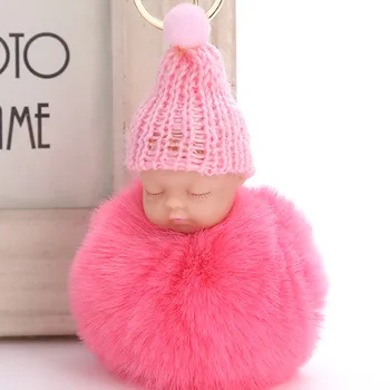 

Cute Faux Rabbit Fur Pompom Keychain Fluffy Sleeping Baby Key chain Women Pom pom Bag Charm Car Key Chain Christmas Jewelry Gift