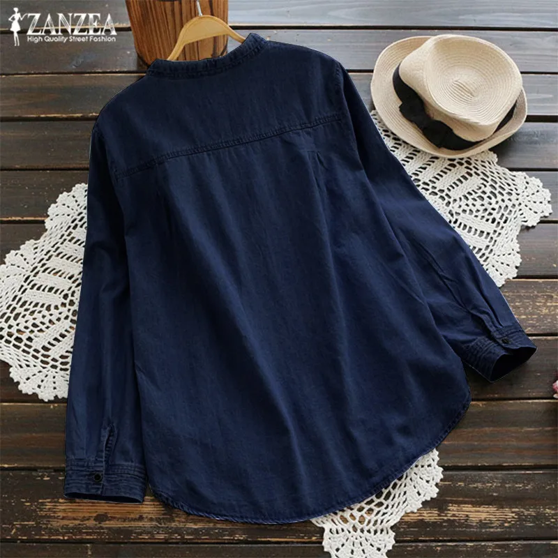 ZANZEA 2019 Women's Denim Blue Shirts Fashion Autumn Blouse Casual Button V Neck Long Sleeve Tops P