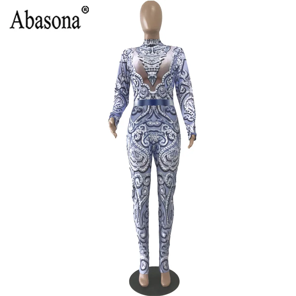 Abasona Vintage Print Sexy Bodycon Jumpsuit Women Long Sleeve Turtleneck Rompers Womens Jumpsuit Birthday Wear Party Outfit