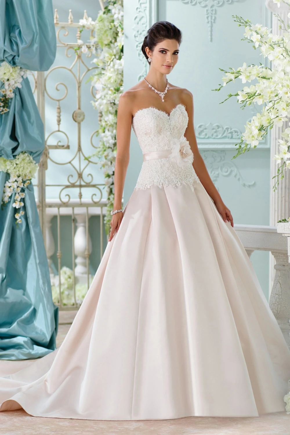 beaded lace wedding dress with pleated skirt