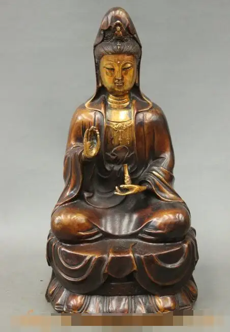 

S06666 15" Chinese Buddhism Bronze Gilt Pray GuanYin Kwan-yin Goddess Buddha Pot Statue