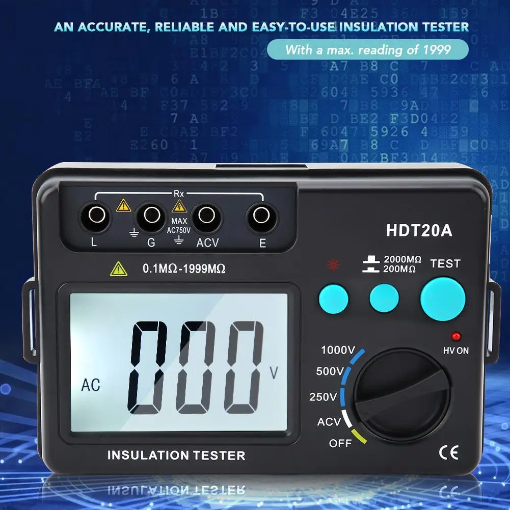 1 компл. HDT20A ЖК-дисплей Сопротивление изоляции тестер Вольтметр 1000 в 1999 отсчетов Сопротивление изоляции тестер