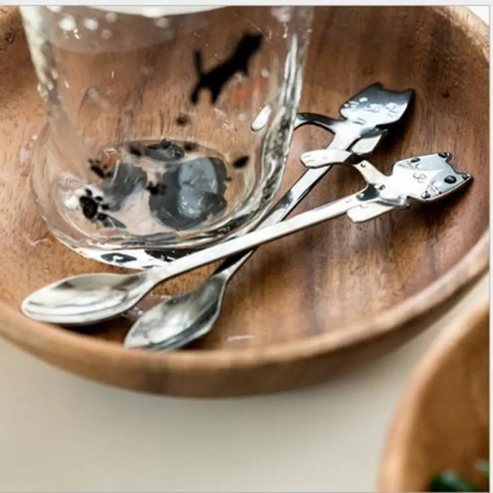 1 шт мультяшная Серебряная кошка из нержавеющей стали чайная, кофейная ложка для мороженого столовые приборы посуда чайная ложка для размешивания кофе