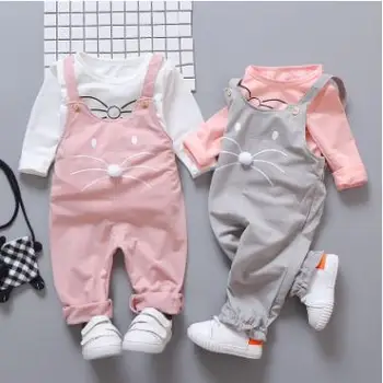 

Baby Toddler Girls Kids Cartoon Cotton 2pc Suit Autumn Suit Baby Clothing T Shirt Suspender pants Casual suit 8sets/lot