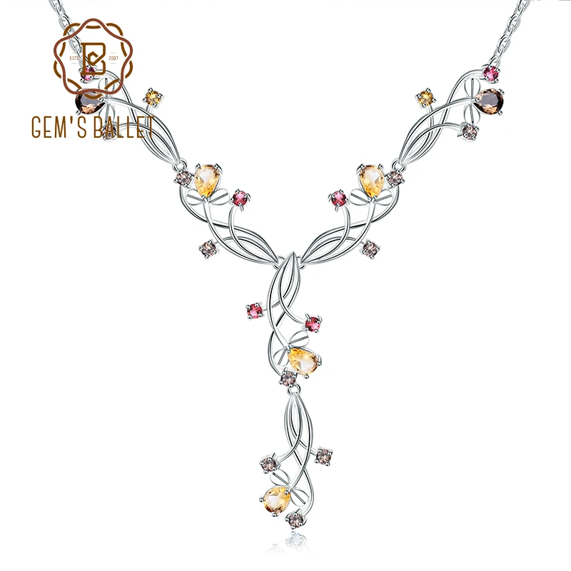 

GEM'S BALLET Natural Citine Smoky Quartz Garnet Colorful Gemstone 925 Sterling Silver Necklace Wedding Jewelry For Women Bridal