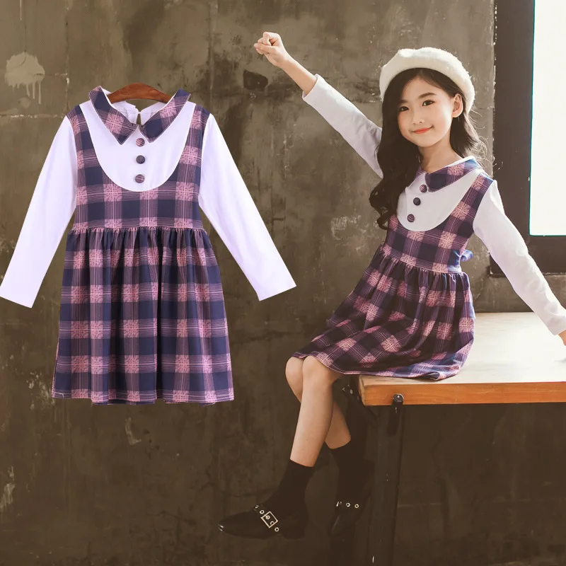 Праздничные платья в клетку с длинными рукавами для девочек Новая весенне-осенняя хлопковая школьная одежда для детей платье принцессы для девочек 4, 6, 8, 10, 12 лет