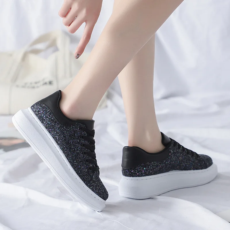 

SHOEMER fashion Women's Shoes 2019 New Lace-up Flat-Bottom bling Sequined Casual Shoes Comfortable Sneakers Chaussures Femme