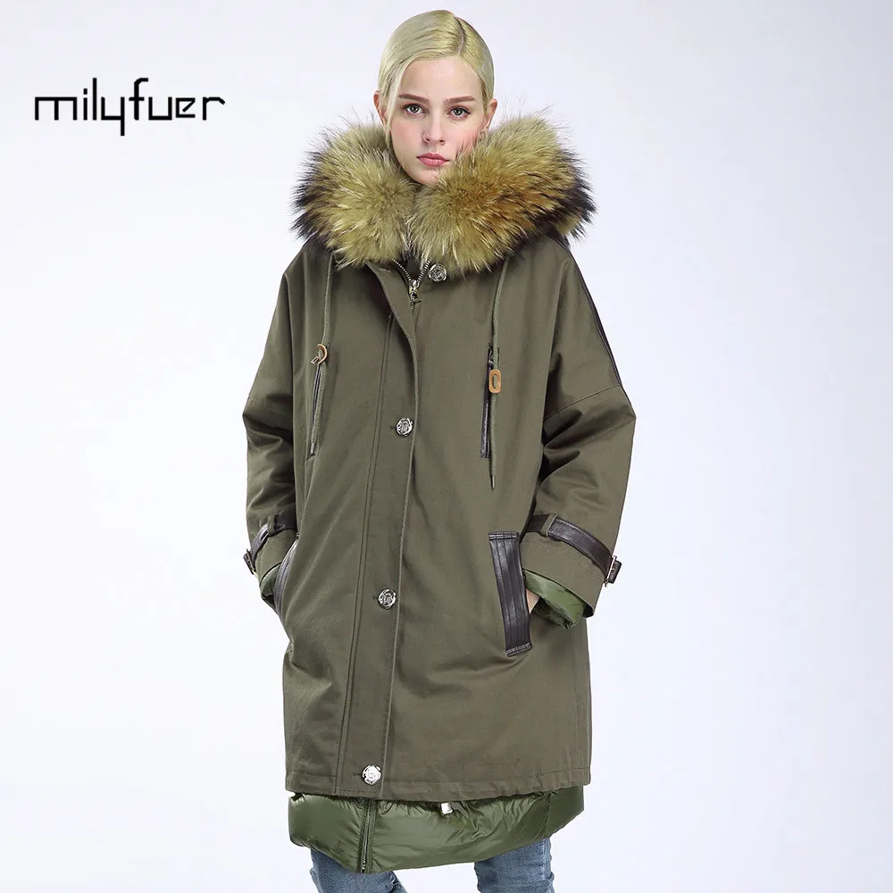 Milyfuer New Detachable Parkas Women Solid Green Black Full Sleeve Real