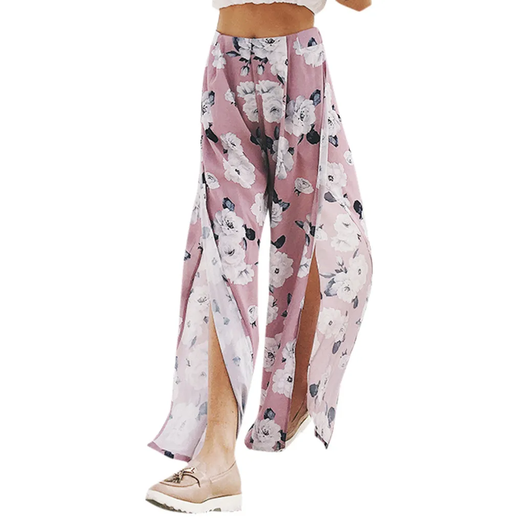 

MUQGEW Summer Style Black Loose High Waist Crop Ladies Summer Print Sexy Fashion High Slit Large Size Loose Wide Leg Pants#Y4