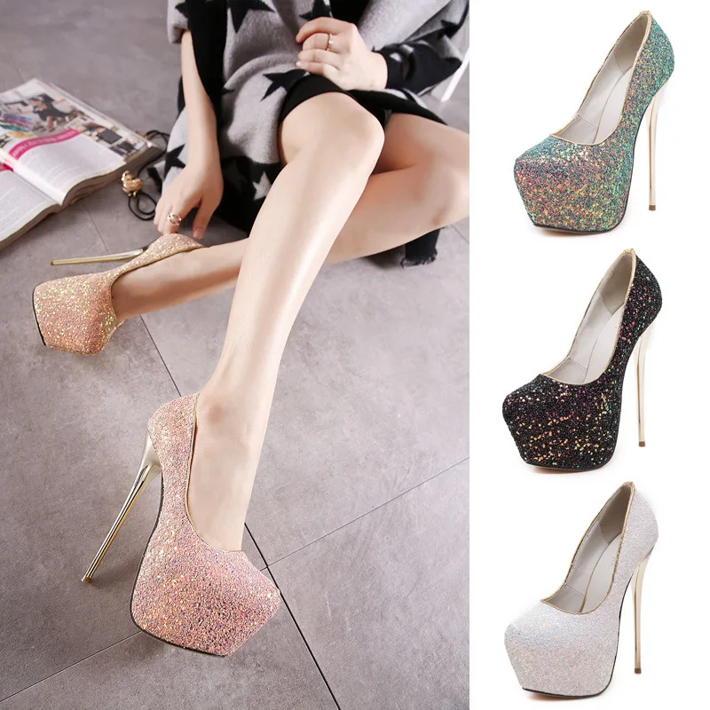 

Women Pumps Shoes Bling 6cm Platform Slip-On Round Toe 16cm Thin High Heels Shallow Sexy Lady Club Party Female Shoes Plus Size