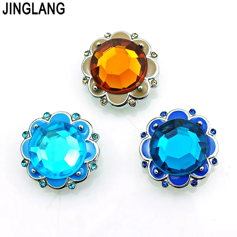 

Fashion Three Color Rhinestone Mix Plastic Crystal Flower 18mm Snap Buttons Metal Clasp DIY Interchangeable Jewelry Accessories
