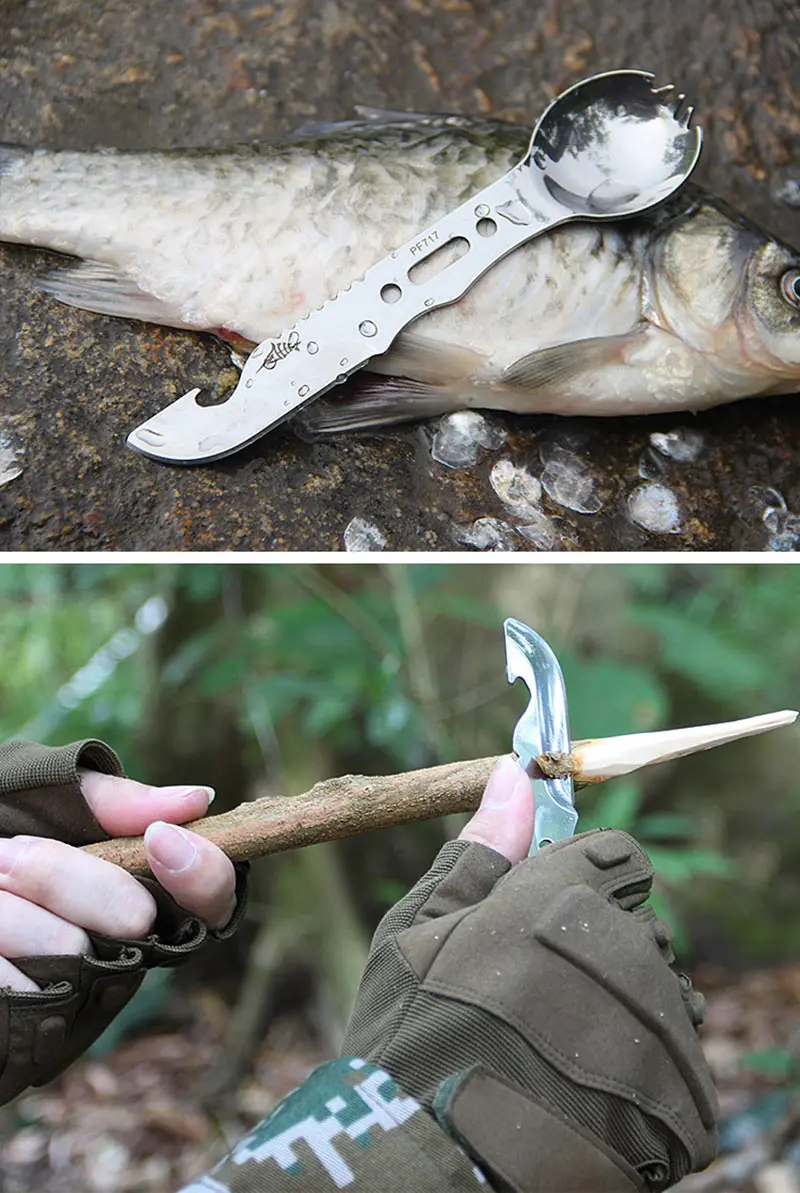 Outdoor Camping Multipurpose Tools Fork Knife Spoon Fork Bottle Opener Tainless Steel Cutlery Hiking Survival Whistle Travel Kit (7)