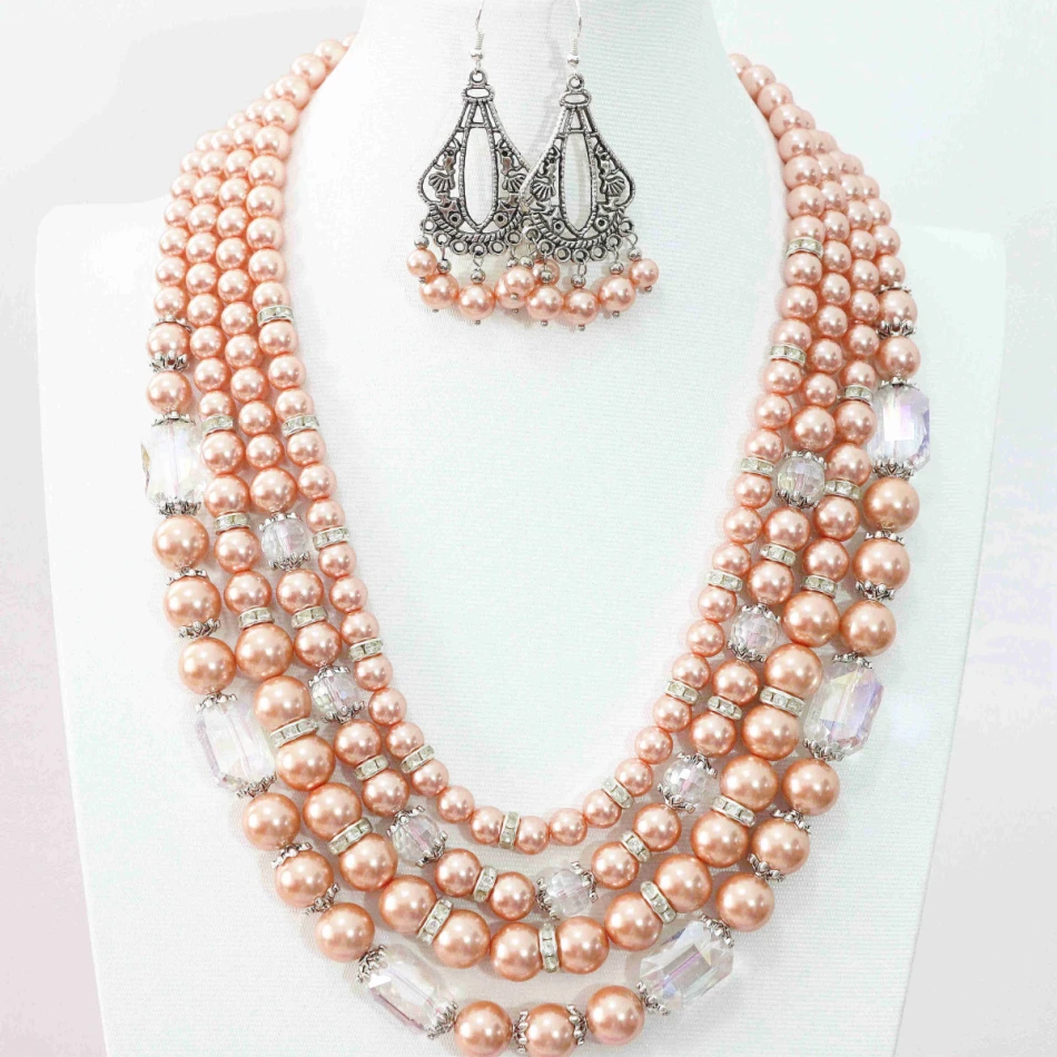 

Necklace earrings 4rows orange shell simulated-pearl round beads silver-color spacer accessories romantic jewelry 18.5-23"B996
