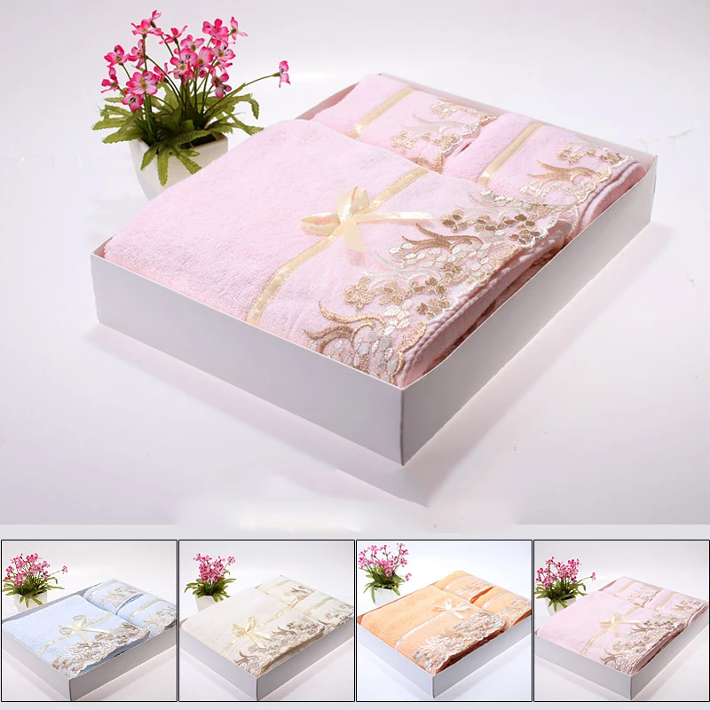 Wedding Bath Towel Gift Box Set Towels Bathroom Cotton Lace 3 Pieces