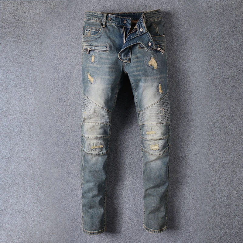 

Fashion Men's Jeans Pleated Hole Men's Jeans Tide Straight Slim Men's Hole Denim Pants