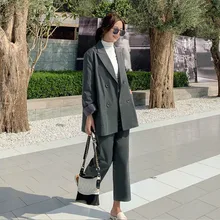 Women's suits with pants2019 new double-breasted loose gray blazer double pocket office suit Casual trousers fuzzy double pocket loose dress