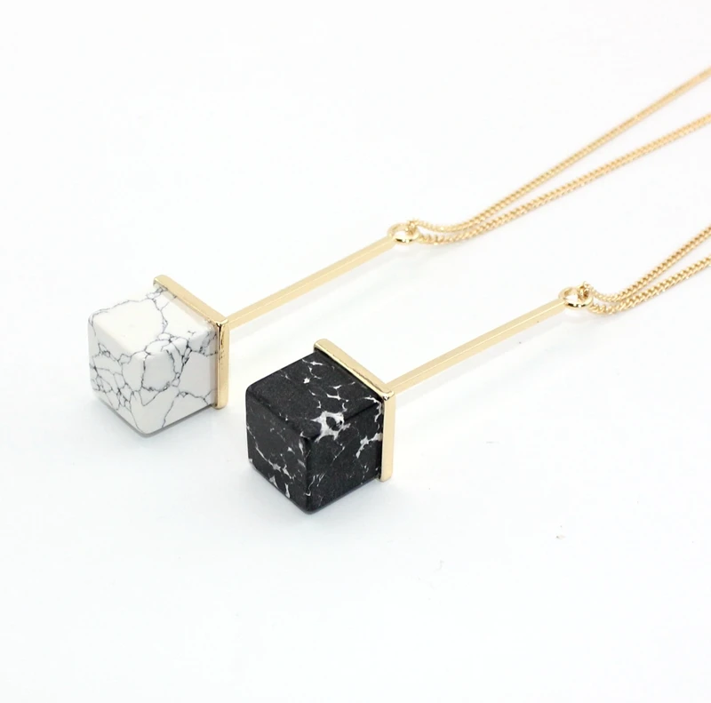 

New fashion white black marble stone pendant necklace unique design golden long bar square geometric stone necklace jewelry