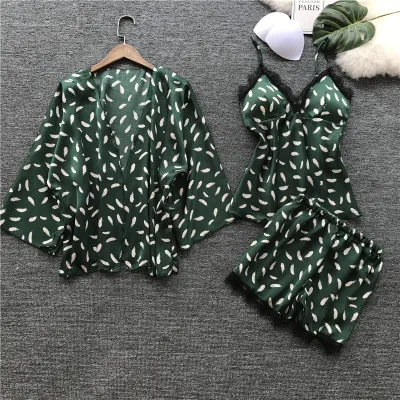 

Women's Silk Pajama Set Floral Print Dot Pyjamas Cami Top+Shorts+Robe 3Pcs Sleepwear Sexy Lace Satin Nightie Elegant Home Wear