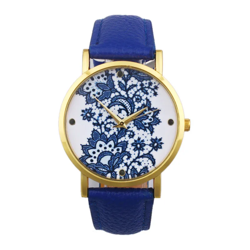 Для женщин Мода кварцевые наручные часы кружево цветок печатных кожаный ремешок дамы повседневное аналоговый для женщин's Часы montre