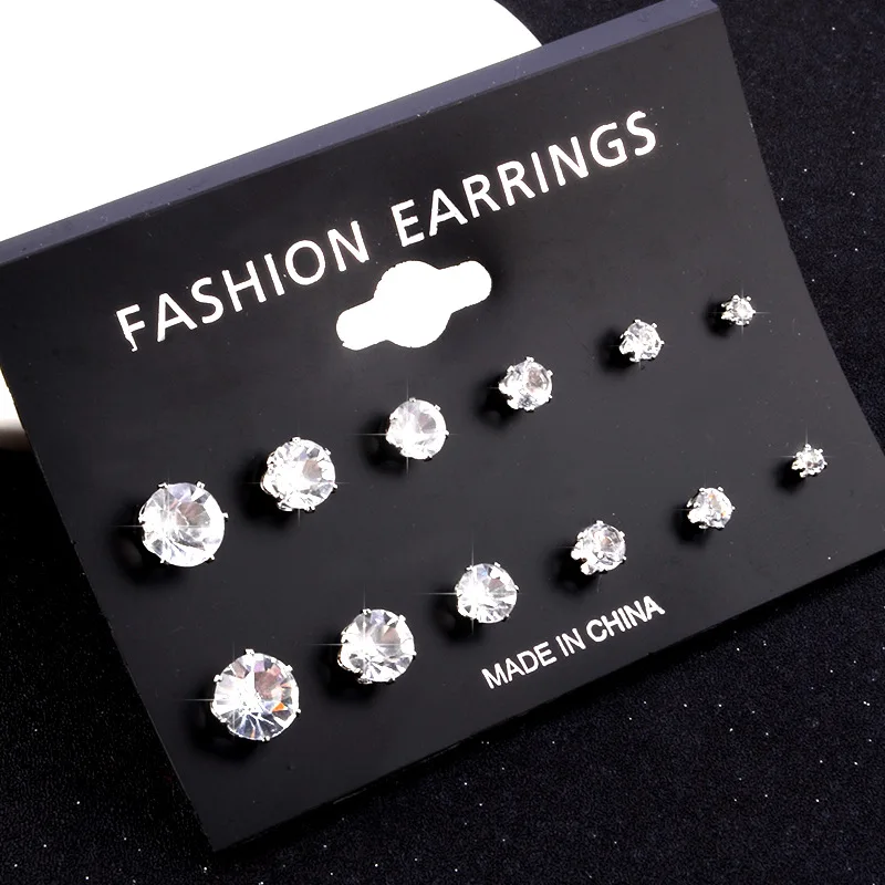 

6pairs/lot women fashion accessories simple crystal Stud Earrings Cute Earring Sets For Women
