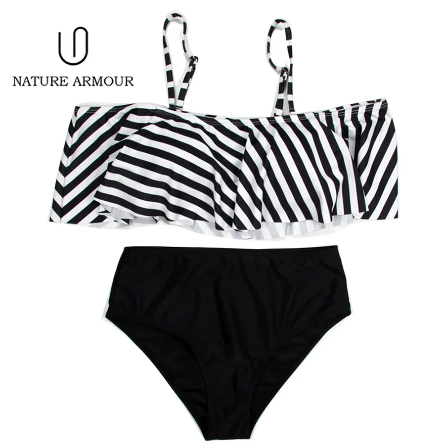 Sexy Bikinis 2018 Mujer Stripe Ruffle Swimwear Women Solid High Waist Bikini Swimsuit Push Up Beach Biquini Bathing Suit