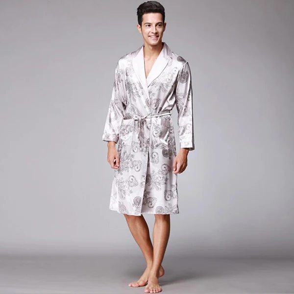 KWAN. Z мужской Халат спиннинг Шелк Кимоно с длинными рукавами халат longo пижамы мужской халат Китайский халат с рисунком драконов мужские albornoz - Цвет: light grey