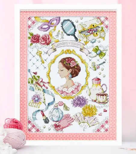 cs-2551 Cross Stitch Kit Woman's Room Perfume Glove Headwear Jewelry Teacup Fan Lipstick SO
