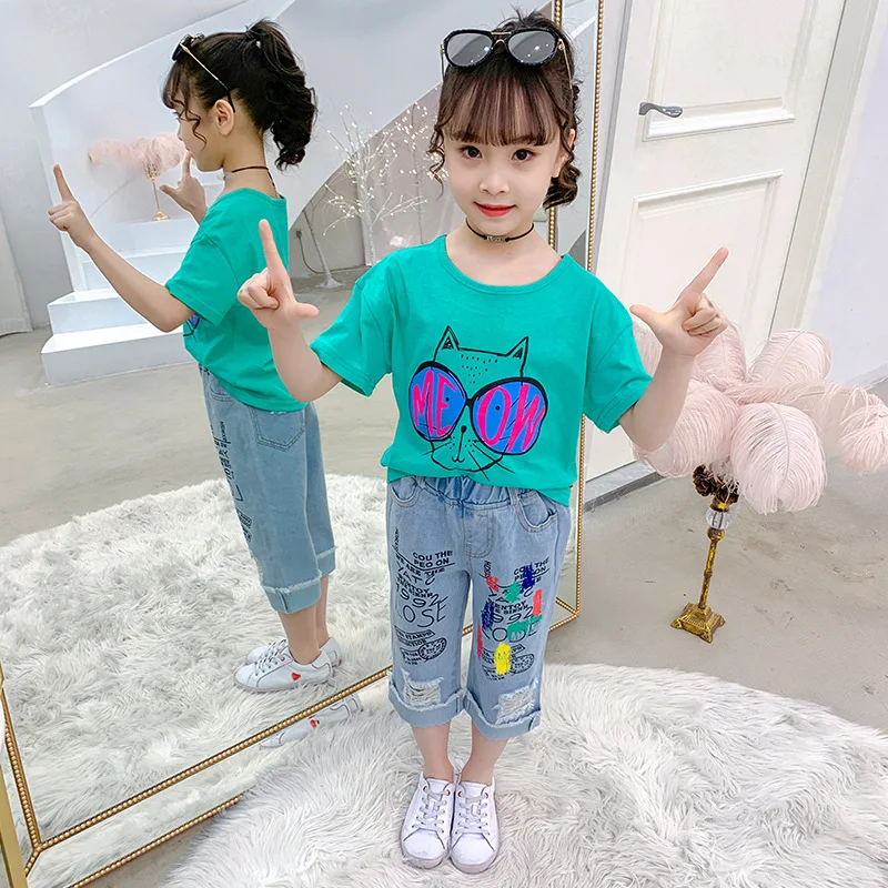 

Girls Clothes Boutique Girls Summer Outfits Kids Clothing Set Toddler Children Bunny T-shirt + Denim Capri Pants 3 to 13 Years