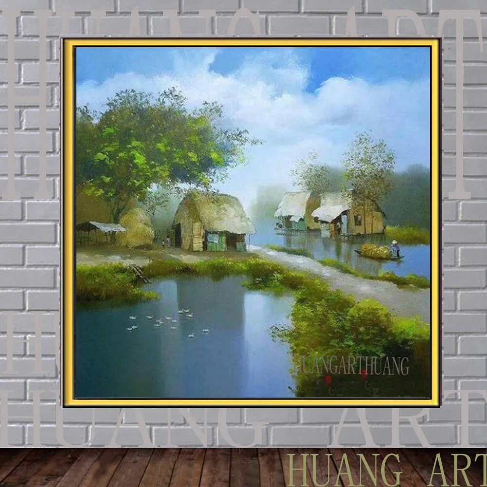 

Huts hand-drawn original green oil painting artist Vietnam huts modern style decorators cafe Vietnam rural night beautiful scene