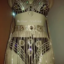 Золотые кристаллы Длинная кисточка наряд с бикини Одежда для ночного клуба комплект из двух предметов вечерние сексуальные костюмы бюстгальтер со стразами короткая одежда для выступлений