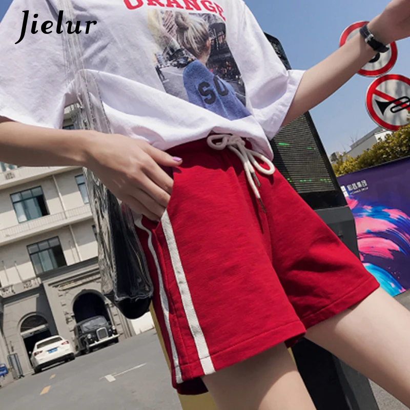 Jielur, шорты с высокой талией для женщин, BF, свободные, широкие, короткие, Feminino, с боковой полосой, синие, черные, корейские, для отдыха, летние, женские шорты