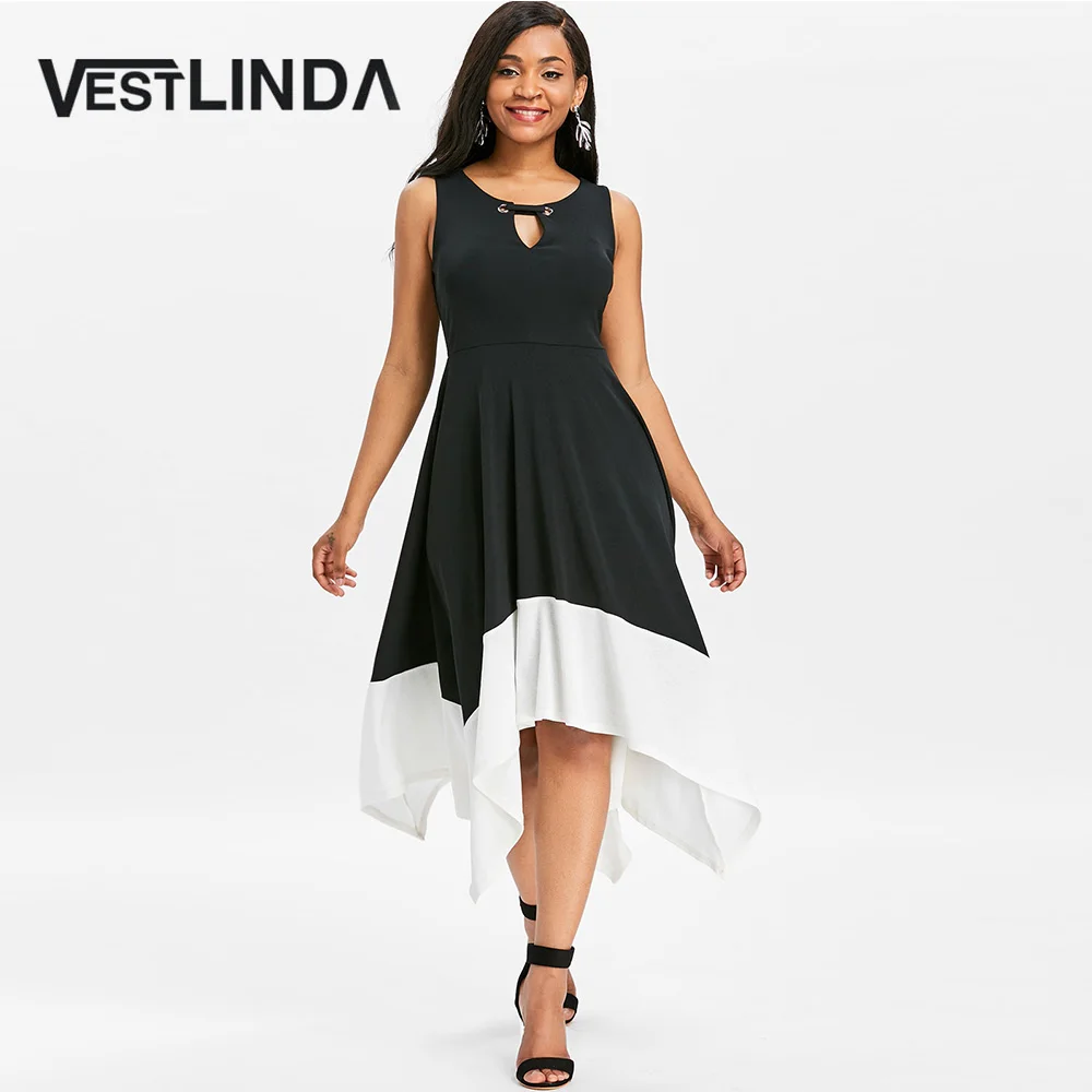 

VESTLINDA Keyhole Neck Color Block White Black Handkerchief Dress Summer 2018 Asymmetrical Midi Vestidos De Festa Party Dress